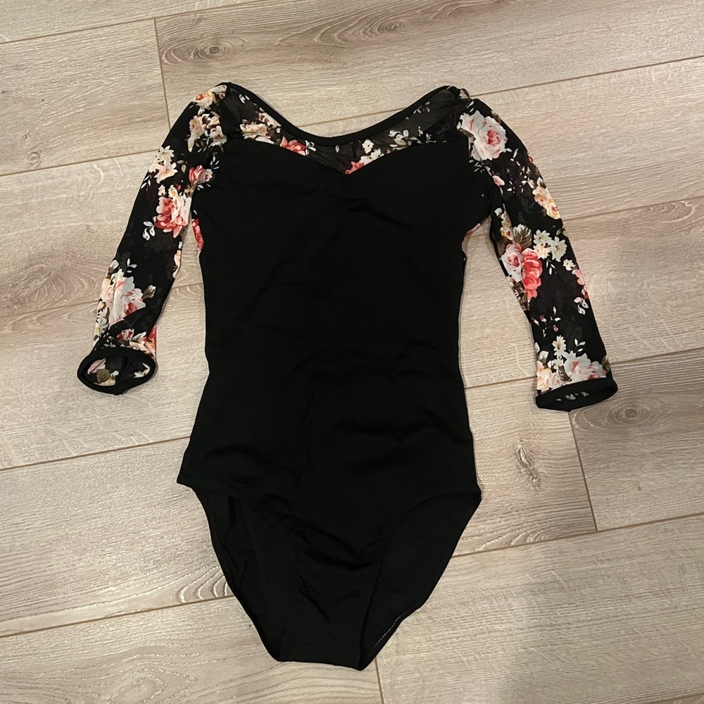 Black long sleeve and floral mesh leotard